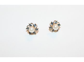 Heavy 14 Karat Gold Earrings With Pearl And Sapphires