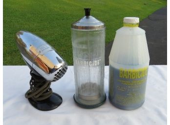 Vintage Hair Salon Chrome Hair Dryer & Barbicide Jar W/Supplies