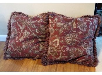 Two Goose Down Fringed Scatter Pillows 16' Square Paisley Design Burgundy's & Similar Colors