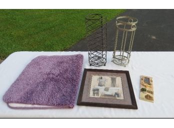 Lot Of Bathroom Accessories, TP & Brush Holders, Purple Bath Mat, More...