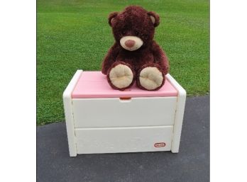 Little Tykes Plastic Toybox Storage Chest W/Lid, And One Lonely Big Stuffed Teddy Bear - Don't He Look Sad????