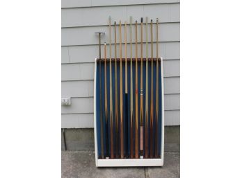 Vintage 1950's Wall Mount Pool Cue Stand With Pool Cues And Bridge