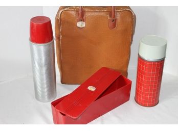 Vintage 1950's Thermos Picnic Set With Matching Leather Case