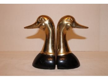 Vintage Set Of Brass With Black Trim Mallard Duck Head Bookends