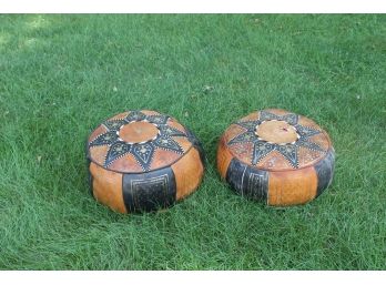 Set Of Two Vintage Moroccan Leather Poufs, Foot Stools Or Seats