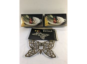 2 Home Beautiful Casserole Dishes & Brass Butterfly Trivet