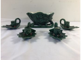 5 Pc  Christmas Ceramic Lot Sleigh & Candleholders