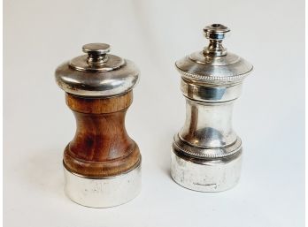 Pair Of Antique Wood & Sterling Silver Salt & Pepper Shakers (grinders)