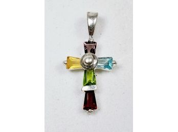 Multi-Colored Stone Sterling Silver Cross Pendant