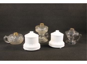 Vintage Lot Of Five Glass Oil Lamps - Two Are Milk Glass