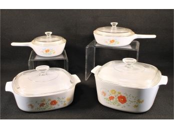 Vintage Set Of Four Corning Ware Wildflower Pattern With Lids