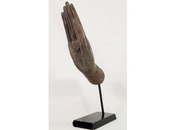 Buddha Hand With Flower Statue On Wood Block Base