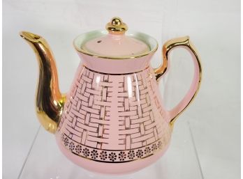 Vintage Pink & Gold Leaf Art Deco Styled Hall Pottery USA 6 Cup Porcelain Teapot