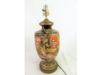 Lovely Vintage Asian Style Table Lamp - Painted Ceramic In Cobalt Blue, Black, Green, Rust, Red And Gold