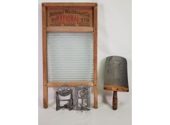 Antique Wood & Galvanized Scoop, Washboard & Pair Of Pewter Figural Wall Hooks