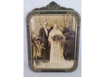 Antique Framed Black & White Wedding Bride & Green Photograph