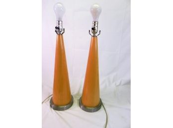 Sleek Mid Century Modern Maple Wood And Metal Base Lamps