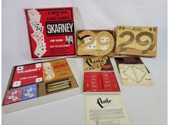 Assortment Of Vintage Board Games-Mister 29 Cribbage, Skarney, Skor Keeper & Faire