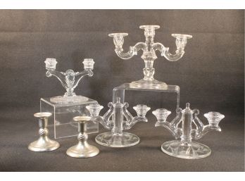 Lot Of Vintage Crystal, Cut Glass & K.m.d. Danish Pewter Candlesticks