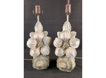 Vintage Earle Chapman Signed Pair Of Hibiscus & Conch Shell Working Table Lamps