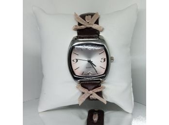 Silvertone Brown Band With Pink Ribbon Bows Watch