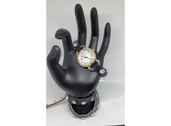 Geneva Goldtone With Crystal Bezel Wrap Around Watch With Crystal Rhinestones On Black Band