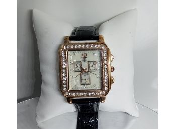 Square Face Chronograph Rose Gold Tone And Black Pleather Band Watch