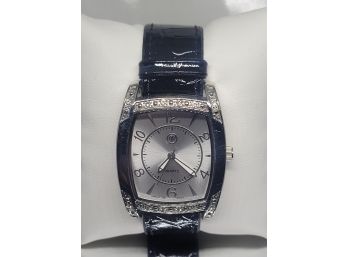 Ladies Silver Face Watch Watch With Crystal Accents And Patent Leather Style Band