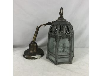 Vintage Brass Bell Shape Hanging Entry Lamp With Glass Shade