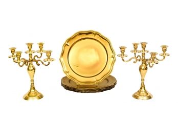 Set Of 12 Brass Chargers And Two Four Arm Candelabras