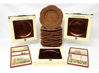 Set Of 12 Wicker Plate Holders, Set Of 12 LNT Chargers And Set Of Six Pimpernel Placemats