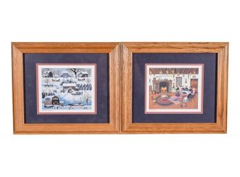 Charles Wysocki 'Plumbelly's Playground' And 'The Quiltmakers' Framed Prints