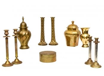 Collection Of Brass Candlestick Holders, Covered Jars, Vase And Round Trinket Box