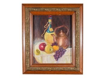 Mid-century Signed Oil On Board Framed Still Life Painting In Carved Wood Frame