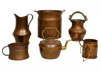 Collection Of Vintage Copper Pots, Tea Kettle And Pitchers