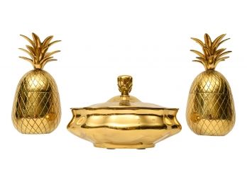 Ethan Allen Home Collection Brass Pineapple Candle Holders And Large Covered Candy Dish
