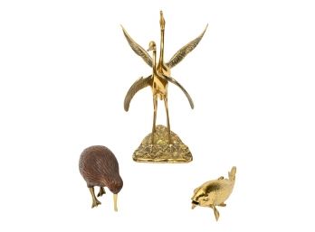 Large Brass Double Geese Statue, Wood And Brass Aardvark And Brass Fish Figurine