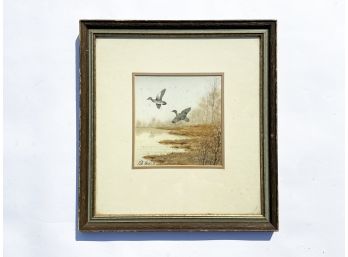 A Framed Duck Themed Watercolor, Signed Peter Hawks, '75