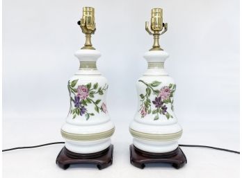 A Pair Of Painted Milk Glass Lamps On Rosewood Bases