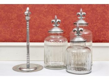 Set Of Three Glass Canisters With Fleur De Lis Lids & Paper Towel Holder