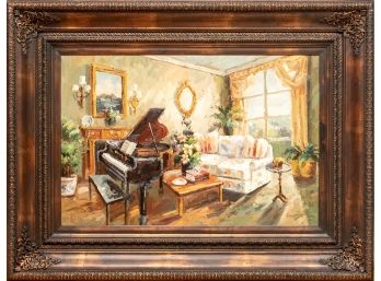 Large Coleman Oil On Board Of A Piano Room