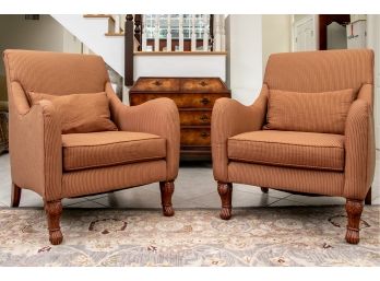 Pair Of Custom Upholstered Striped Armchairs With Lumbar Pillows