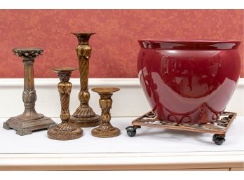 Decorative Lot With Planter, Rolling Tray And 4 Candleholders