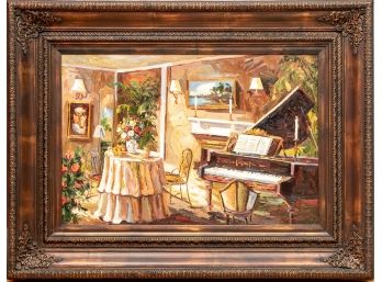Signed Oil On Canvas With View Of A Room With Piano