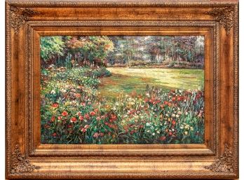 A Large Impressionist Style Signed Oil On Canvas With Floral Garden