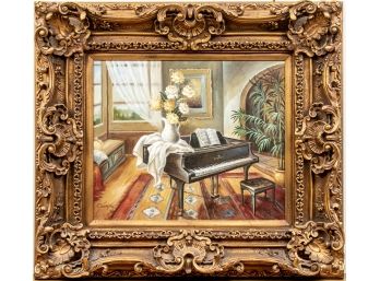 Signed Oil On Canvas Of An Interior Portrait Of A Piano Room