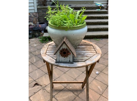 Outdoor Folding Table, Birdhouse & Potted Plant