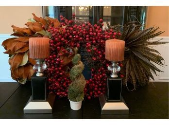 Topiary, 3 Wreathes & Pair Of Metal & Leather Pillar Holders