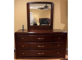 Wide Wooden Mahogany Dresser W/ Mirror