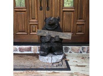 Outdoor Wooden Bear Holding A Removable Sign